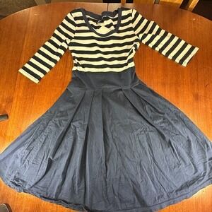 Miusol Dress Navy Blue/White Striped Sz S 3/4 Sleeve Nautical Preppy Fit & Flare